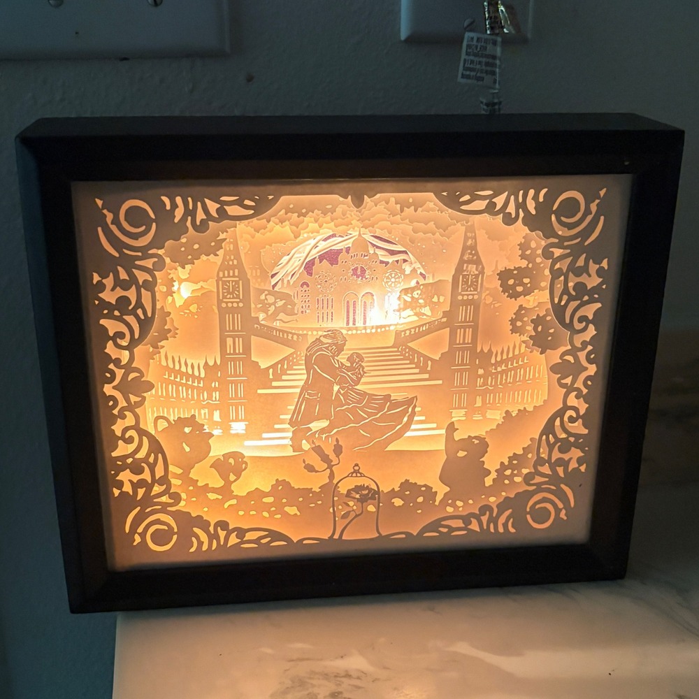 Beauty and the Beast 3D Paper Cut Shadow Box Night Light Black Frame Nursery